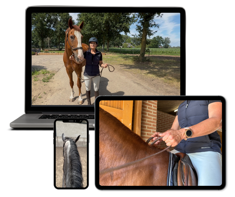 Online leeromgeving op laptop en telefoon, cursuspagina paardrijden zichtbaar