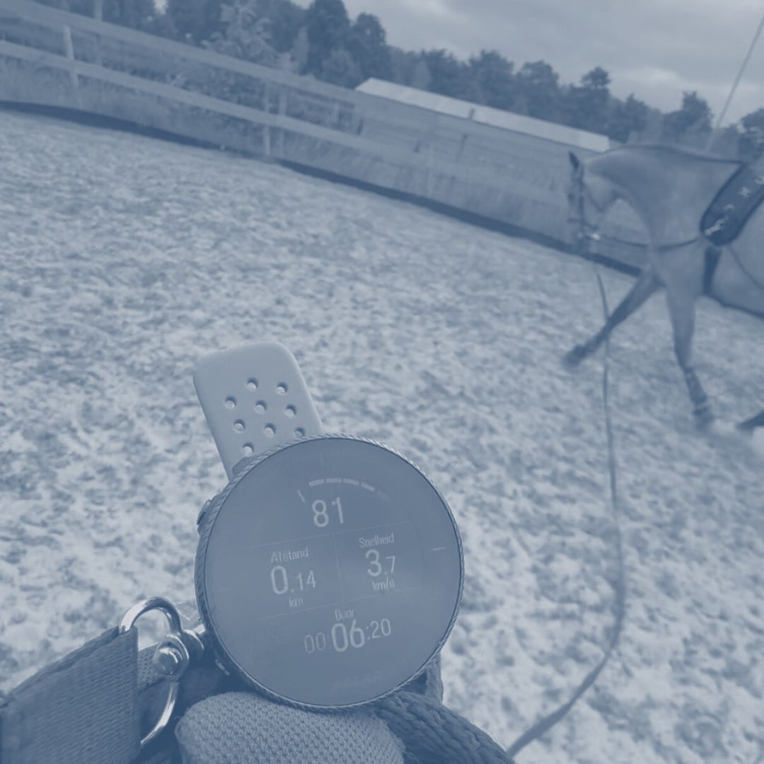 Trainingshorloge hartslag in een longeercircel, focus op training en belasting